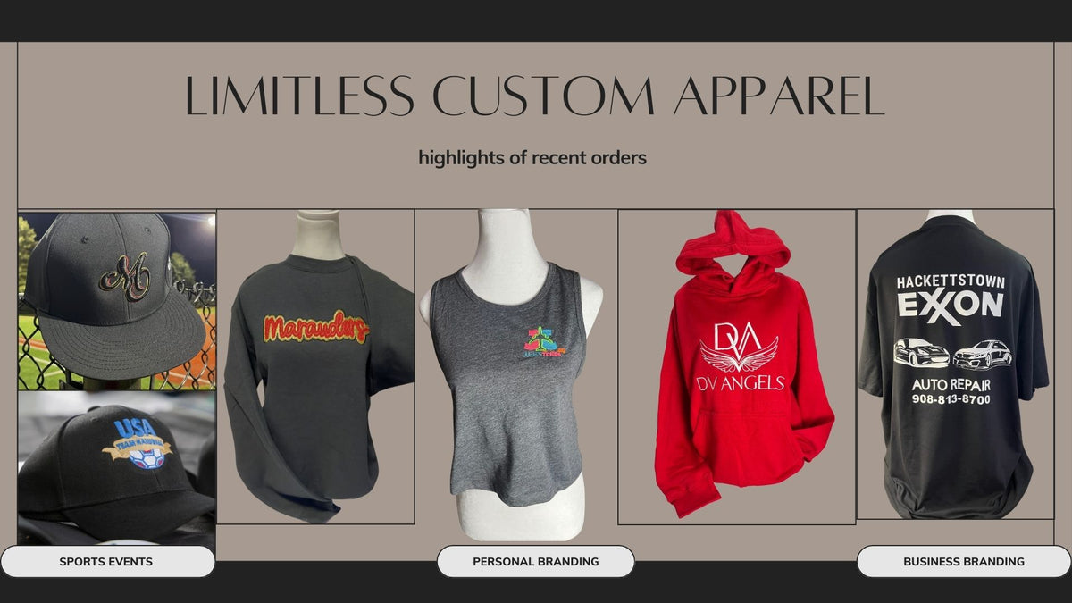 Collage of recent custom orders — embroidered caps, tees and hoodies