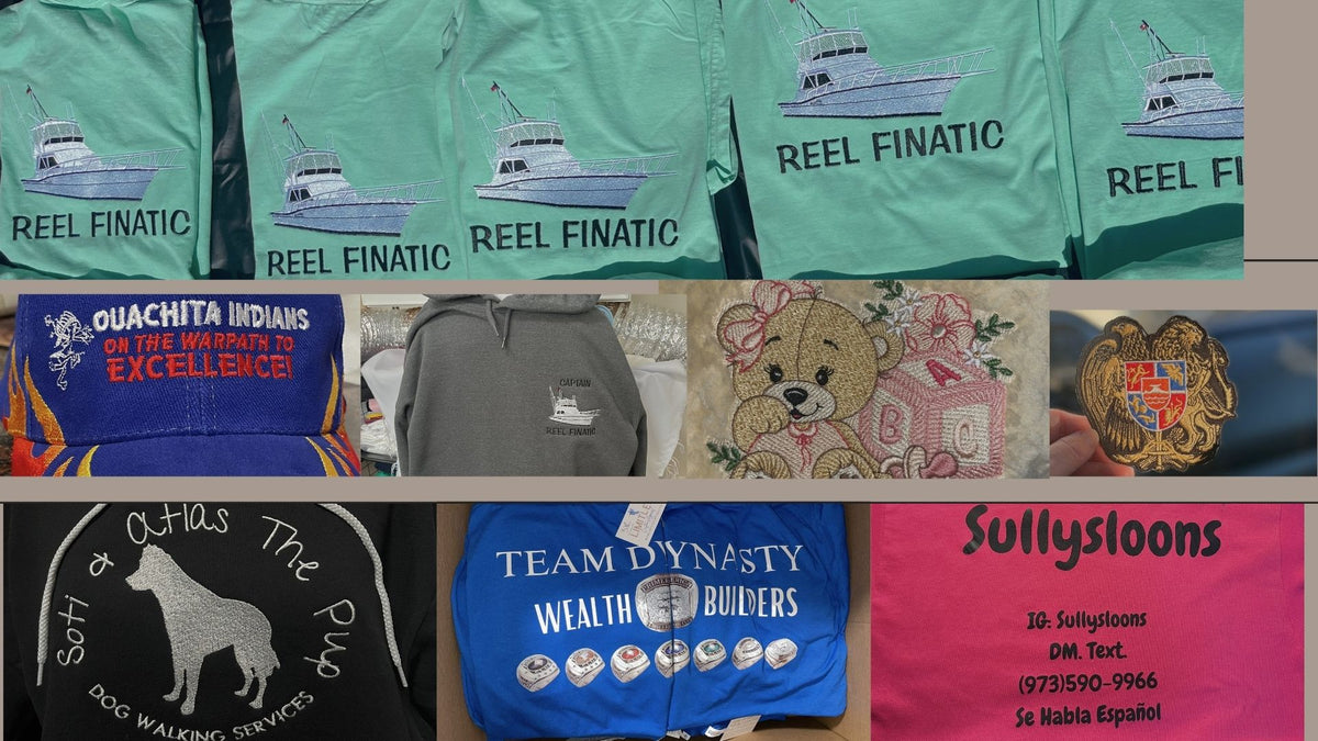 Variety of embroidered tees, caps and totes for local brands