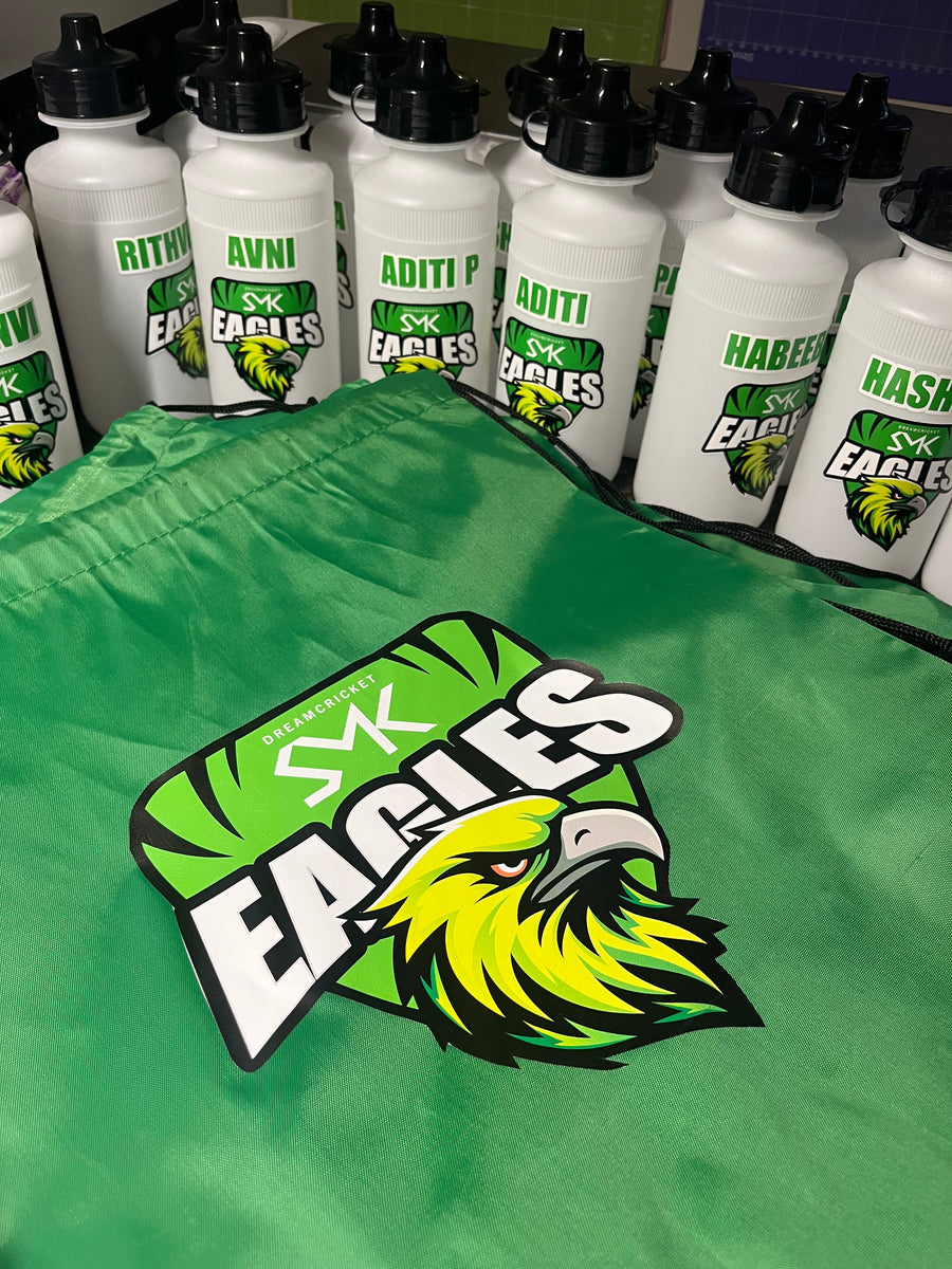 Personalized water bottles and team drawstring bags