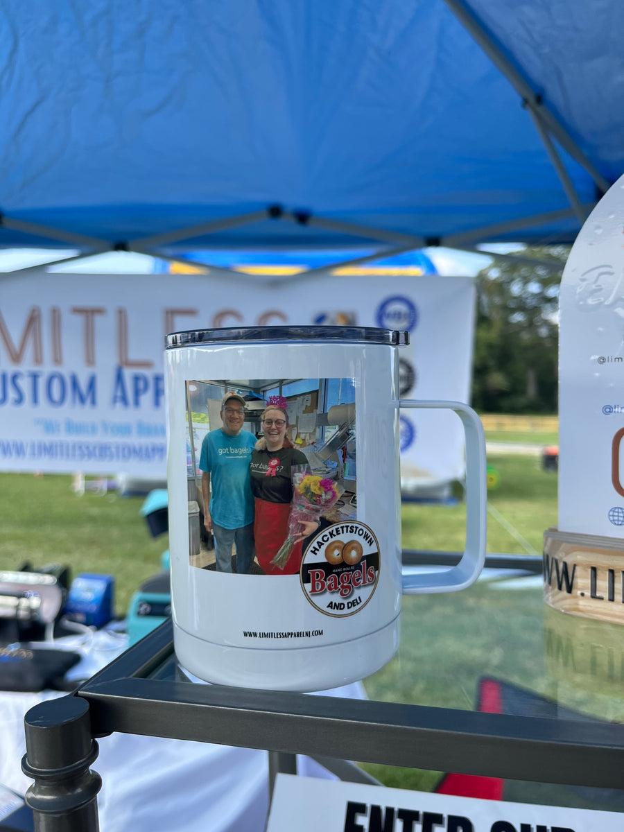 Custom photo mug produced live at a pop-up event tent